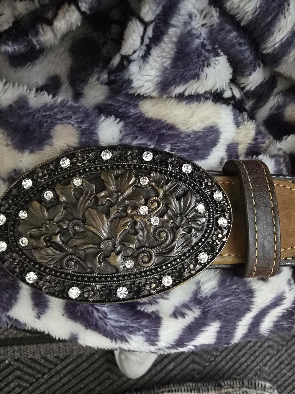 Women's Two-Tone Brown Leather Belt with Studded Buckle Azul Tequila Sz.36